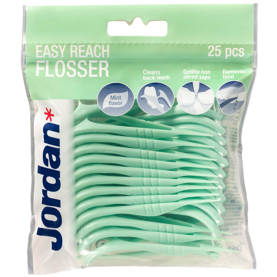 Jordan Easy Reach Flosser, 2-in-1 Dental Flosser and Toothpicks, Mint, 25 Count