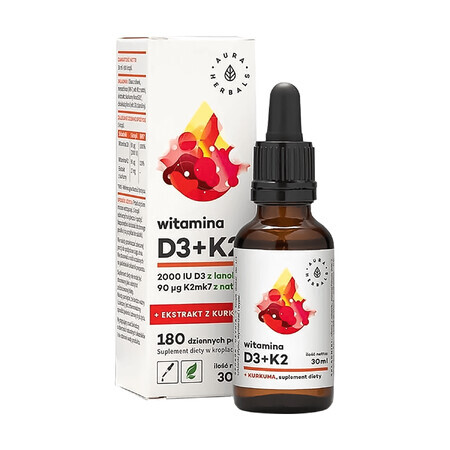 Aura Herbals Vitamine D3 + K2 + kurkuma-extract, druppels, 30 ml