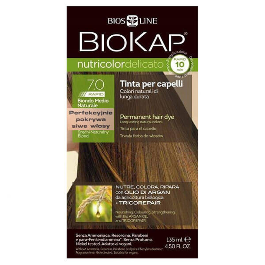 Biokap Nutricolor Delicato Rapid, colore per capelli, 7.0 biondo medio naturale, 135 ml