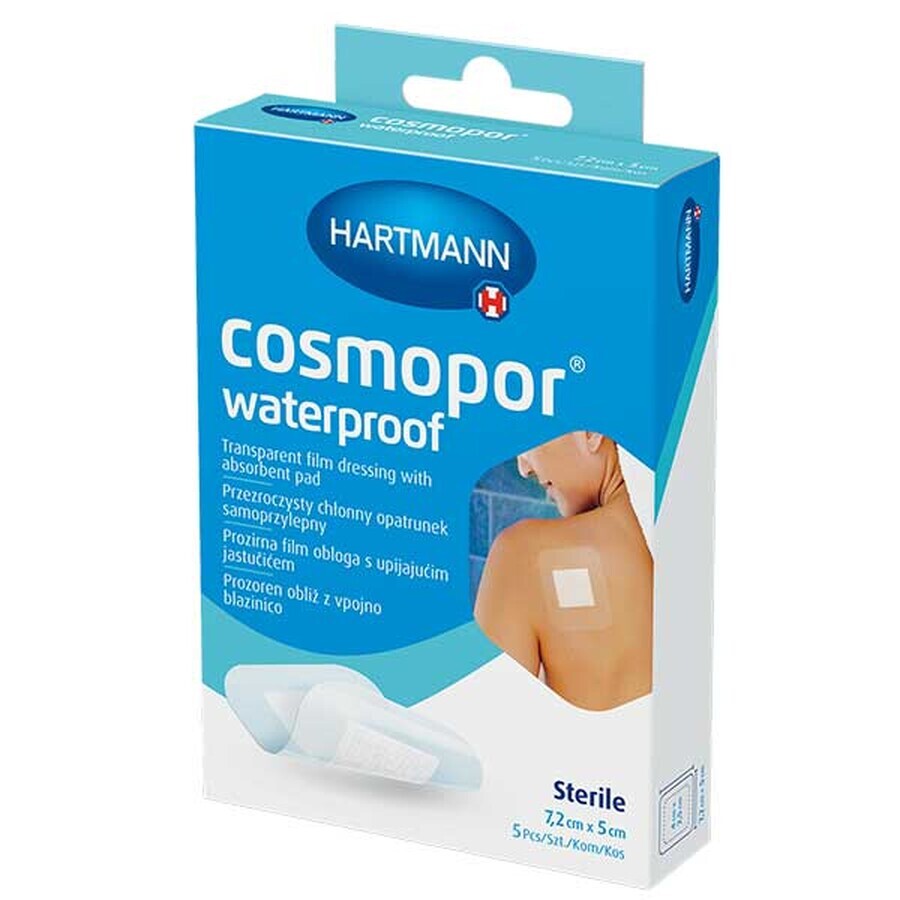 Cosmopor Waterproof, absorberend verband, zelfklevend, waterdicht, steriel, transparant, 7,2 cm x 5 cm, 5 st.