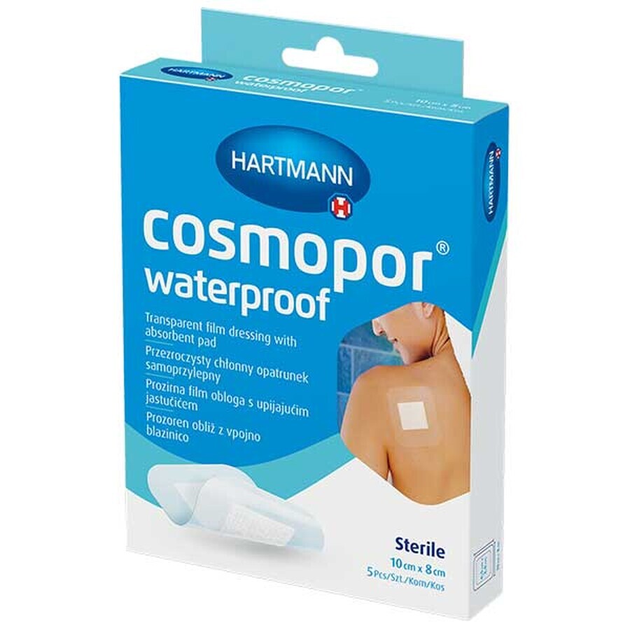 Cosmopor Waterproof, absorberend verband, zelfklevend, waterdicht, steriel, transparant, 10 cm x 8 cm, 5 stuks