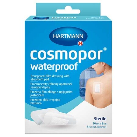 Cosmopor Waterproof, absorberend verband, zelfklevend, waterdicht, steriel, transparant, 10 cm x 8 cm, 5 stuks