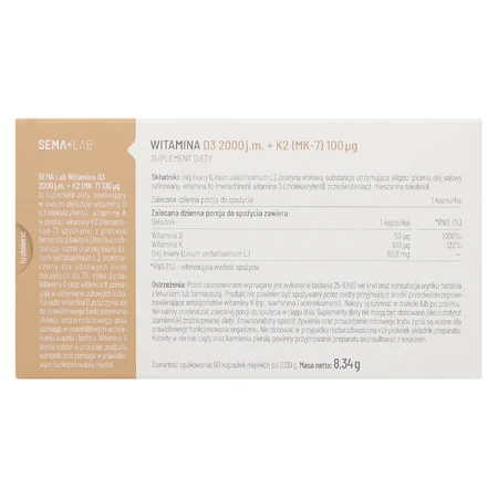 SEMA Lab Vitamine D3 2000 IE + K2 (MK-7) 100 µg, 60 capsules