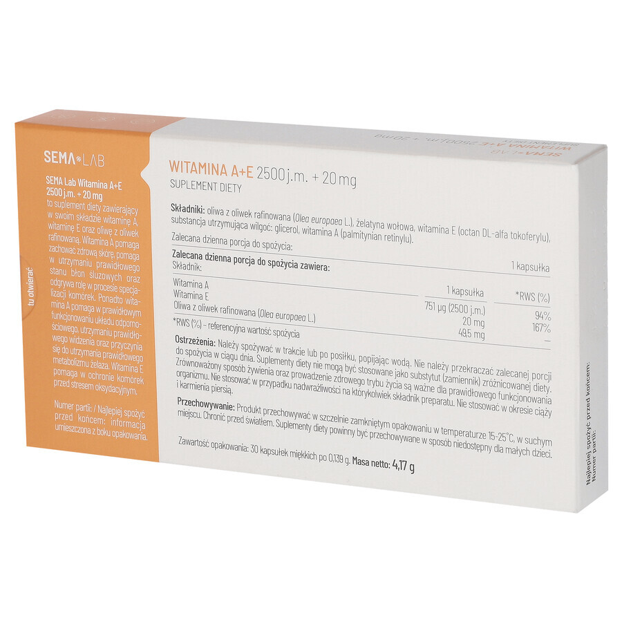 SEMA Lab Vitamine A+E 2500 IE + 20 mg, 30 capsules