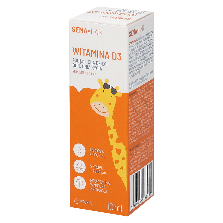 SEMA Lab Vitamine D3 400 UI pour les enfants à partir du 1er jour, gouttes, 10 ml