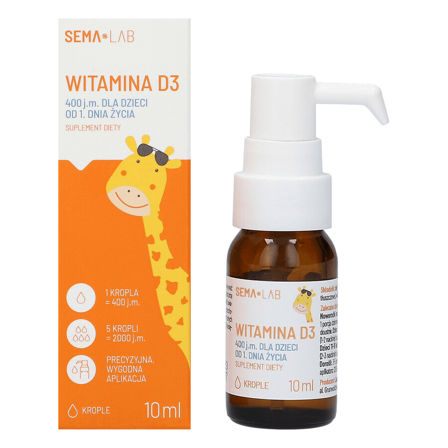 SEMA Lab Vitamine D3 400 UI pour les enfants à partir du 1er jour, gouttes, 10 ml