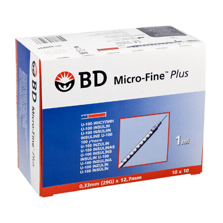 BD Micro-Fine Plus, seringue à insuline, 1 ml, U-100, avec aiguille 29G, 0.33 x 12.7 mm, 100 pièces