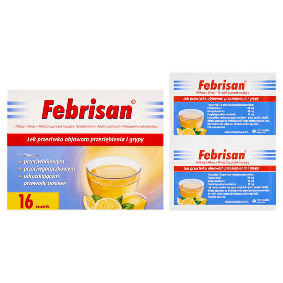 Febrisan (750 mg + 60 mg + 10 mg)/ 5 g, effervescent powder, 16 sachets