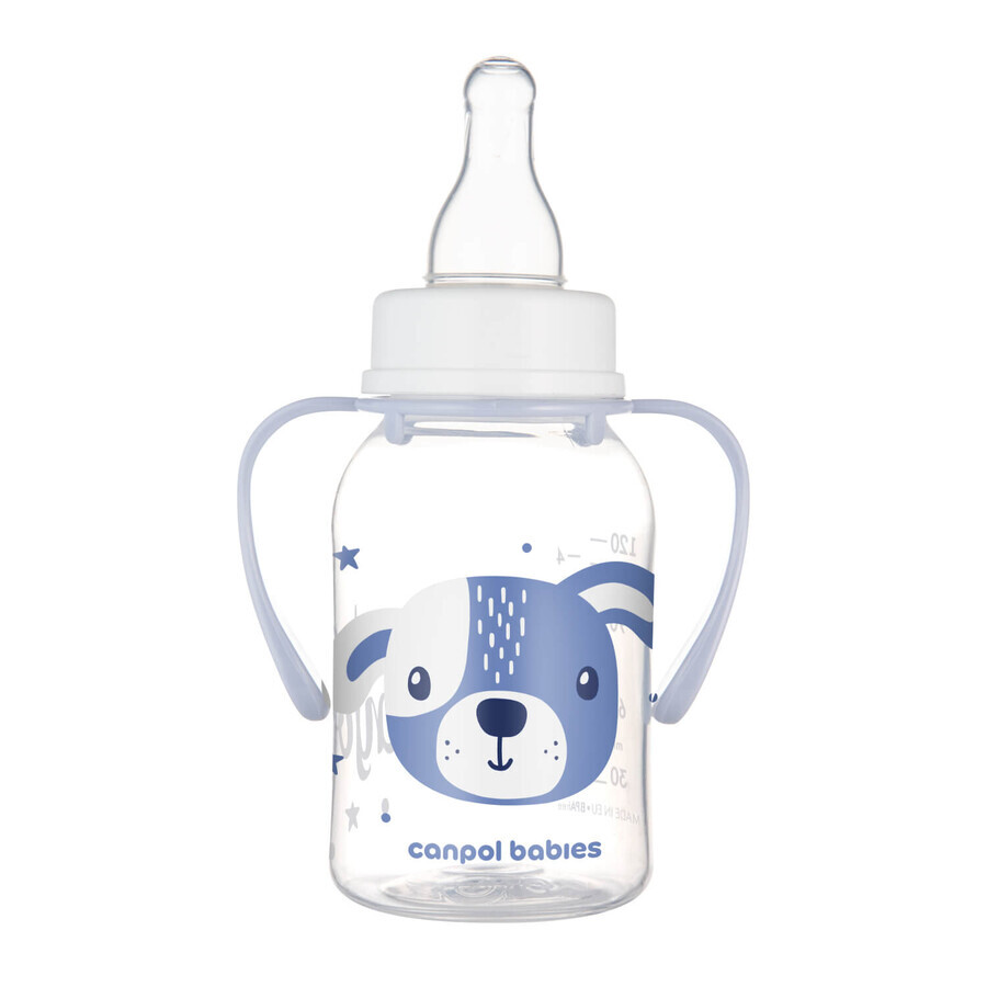 Canpol Bebés, biberón fino con asa, Cute Animals, 11/823, azul, a partir de 3 meses, 120 ml