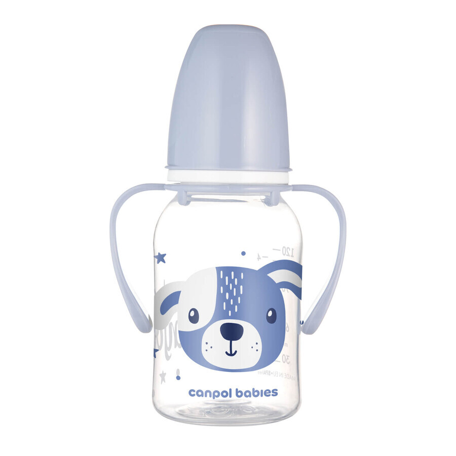 Canpol Bebés, biberón fino con asa, Cute Animals, 11/823, azul, a partir de 3 meses, 120 ml