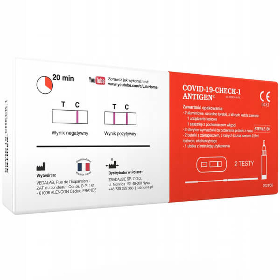 LabHome, COVID-19-Check-1 Antigen, diagnostische test voor de detectie van SARS-CoV-2 virus, 2 eenheden