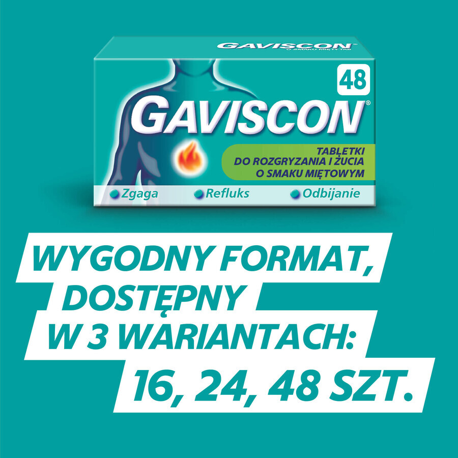 Gaviscon minttab 250 mg + 133,5 mg + 80 mg, 48 kauwtabletten