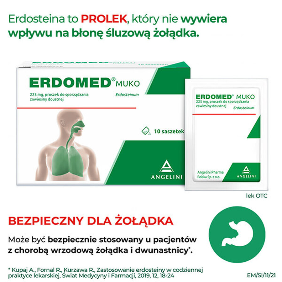 Erdomed Muko 225 mg, poeder voor orale suspensie, 10 sachets