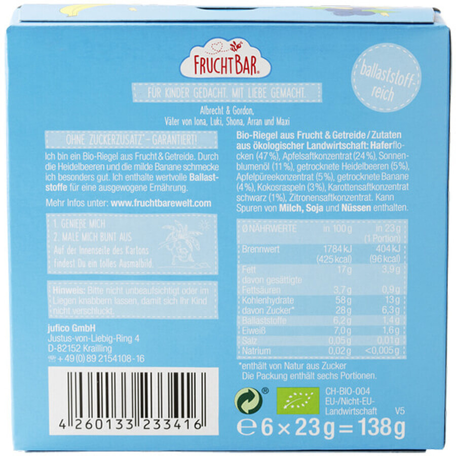 Fruchtbar Bio barrita de cereales, arándano, plátano, avena, después de 12 meses, 6 x 23 g