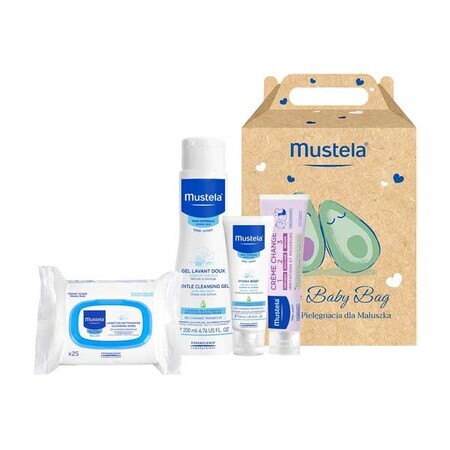 Set Mustela Bebe Enfant My Baby Bag, gel lavante, 200 ml + crema viso, 40 ml + crema fasciatoio, 50 ml + salviette umidificate, 25 pezzi