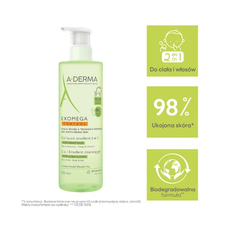 A-Derma Exomega Control 2w1, żel emolient do mycia ciała, twarzy, włosów, od urodzenia, 500 ml: ceny i cechy