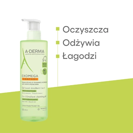 A-Derma Exomega Control 2w1, żel emolient do mycia ciała, twarzy, włosów, od urodzenia, 500 ml: ceny i cechy