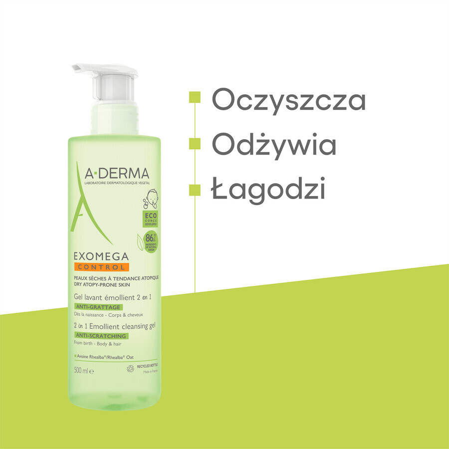 A-Derma Exomega Control 2in1, verzachtende gel voor lichaam, gezicht, haar, vanaf de geboorte, 500 ml