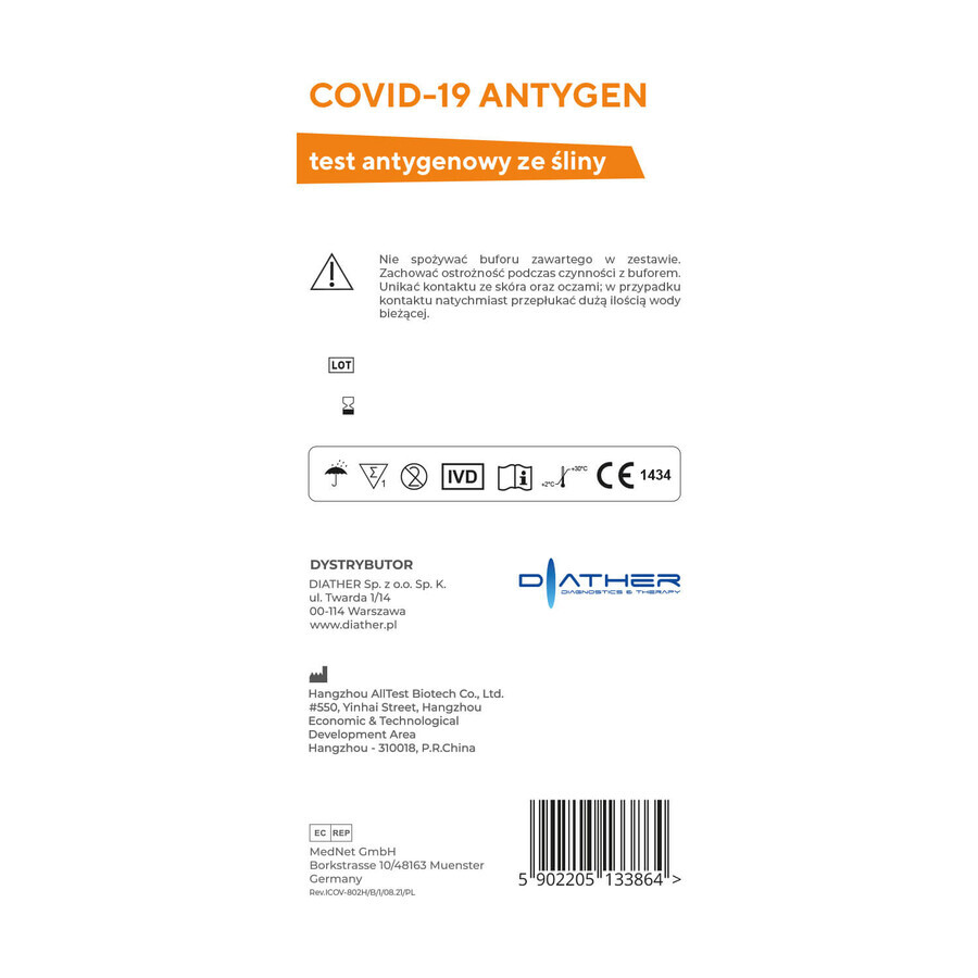 Diather Covid-19 Antigen, speekselantigeentest voor SARS-CoV-2 virus, 1 stuk