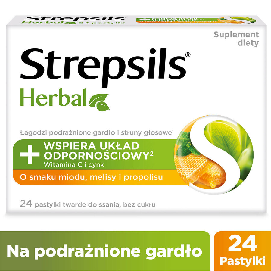 Strepsils Kruiden, honing, melisse en propolis smaak, suikervrij, 24 zuigtabletten 