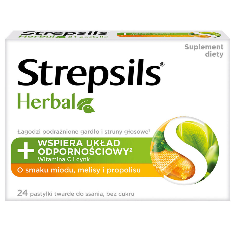 Strepsils Kruiden, honing, melisse en propolis smaak, suikervrij, 24 zuigtabletten 