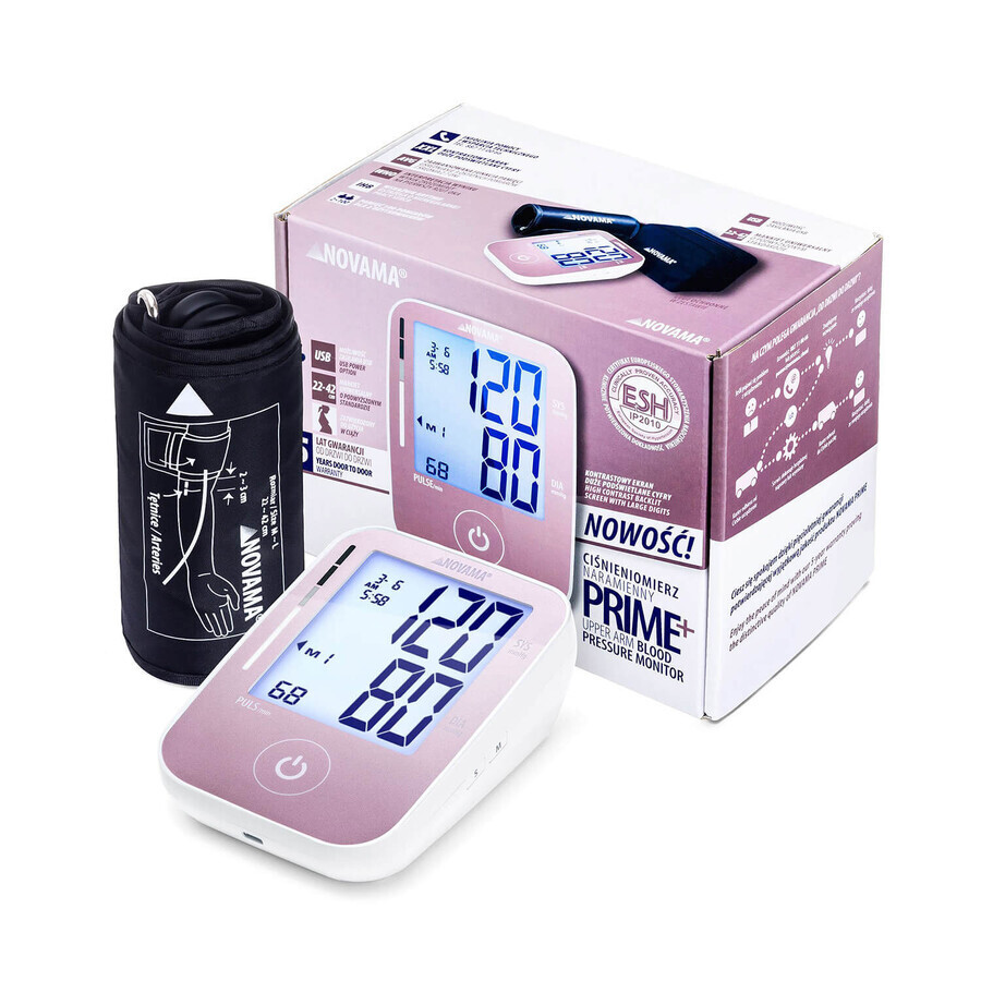 Novama Prime+ Pink, automatische bovenarm bloeddrukmeter, met manchet 22-40 cm, roze, met LCD-scherm