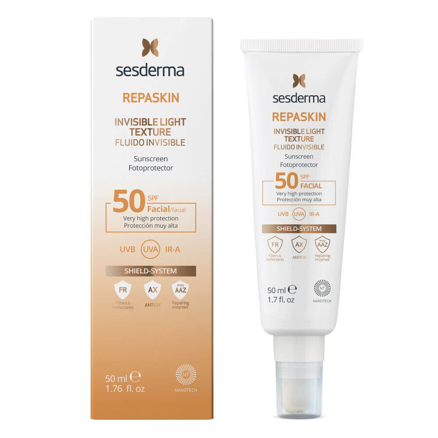 Sesderma Repaskin Fluido Invisible, fluide solaire léger pour le visage, SPF 50, 50 ml