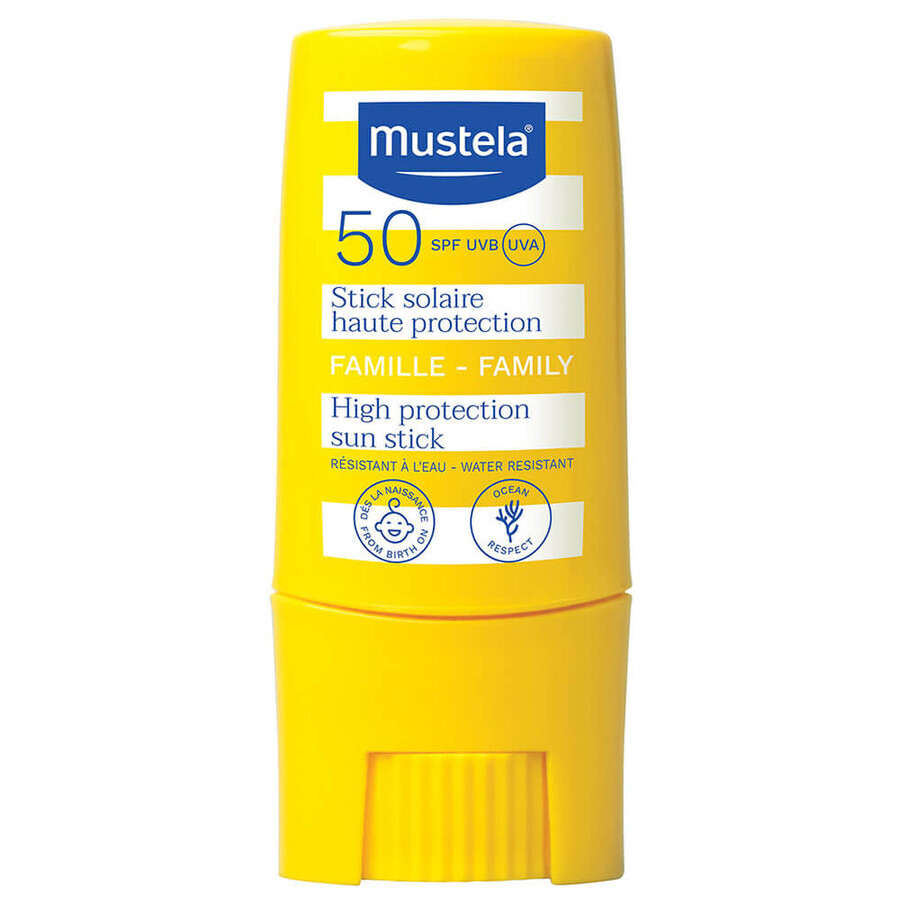 Mustela Sun Family, zonbeschermingsstick voor geselecteerde delen van gezicht en lichaam, vanaf de geboorte, SPF 50, 9 ml