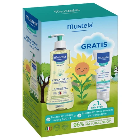 Mustela Stelatopia, olejek myjący od urodzenia, 500 ml + krem emolient do twarzy, 40 ml gratis : ceny i cechy