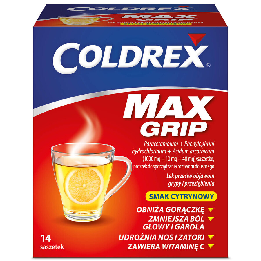 Coldrex MaxGrip 1000 mg + 10 mg + 40 mg, citroensmaak, 14 sachets