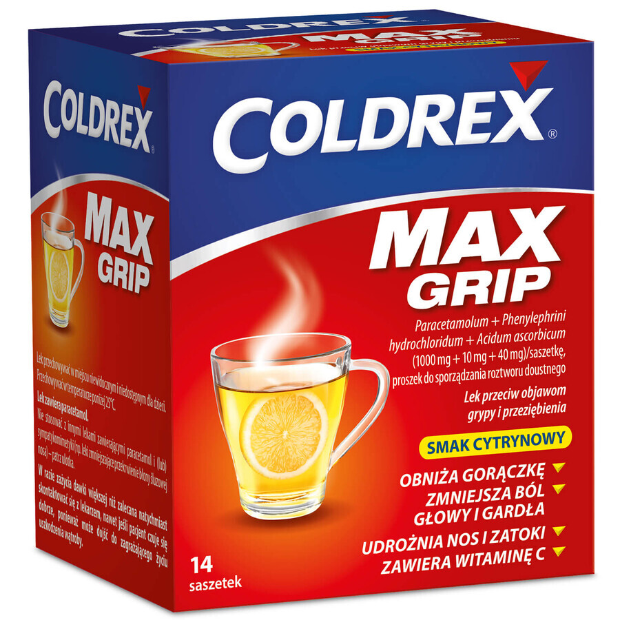 Coldrex MaxGrip 1000 mg + 10 mg + 40 mg, citroensmaak, 14 sachets