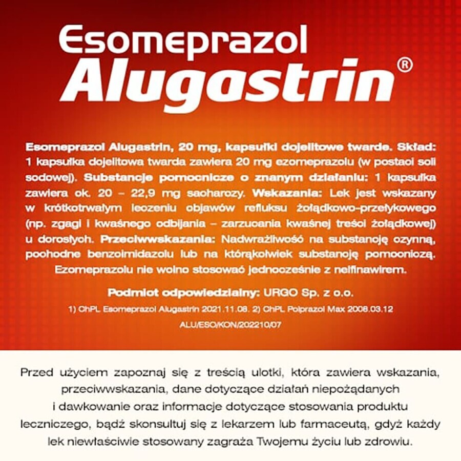 Esomeprazol Alugastrin 20 mg, 14 maagsapresistente capsules