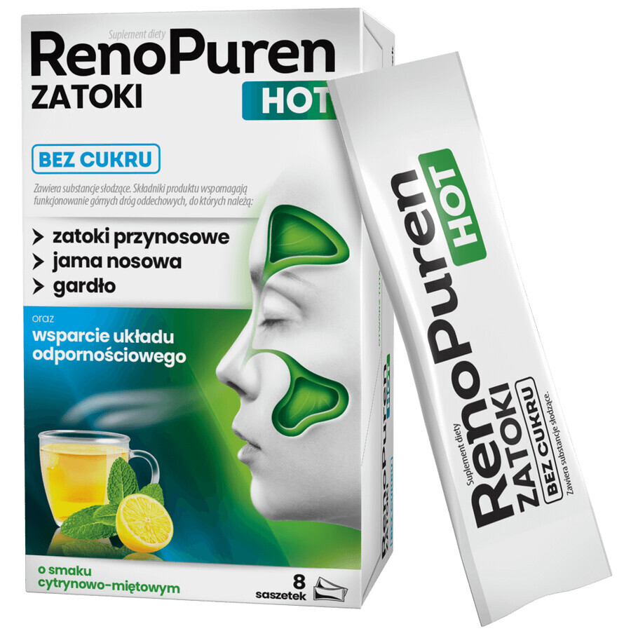 RenoPuren Zatoki Hot without sugar, lemon and mint flavor, 8 sachets