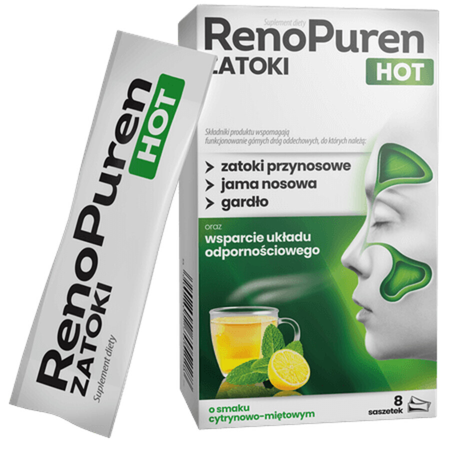 RenoPuren Zatoki Hot without sugar, lemon and mint flavor, 8 sachets