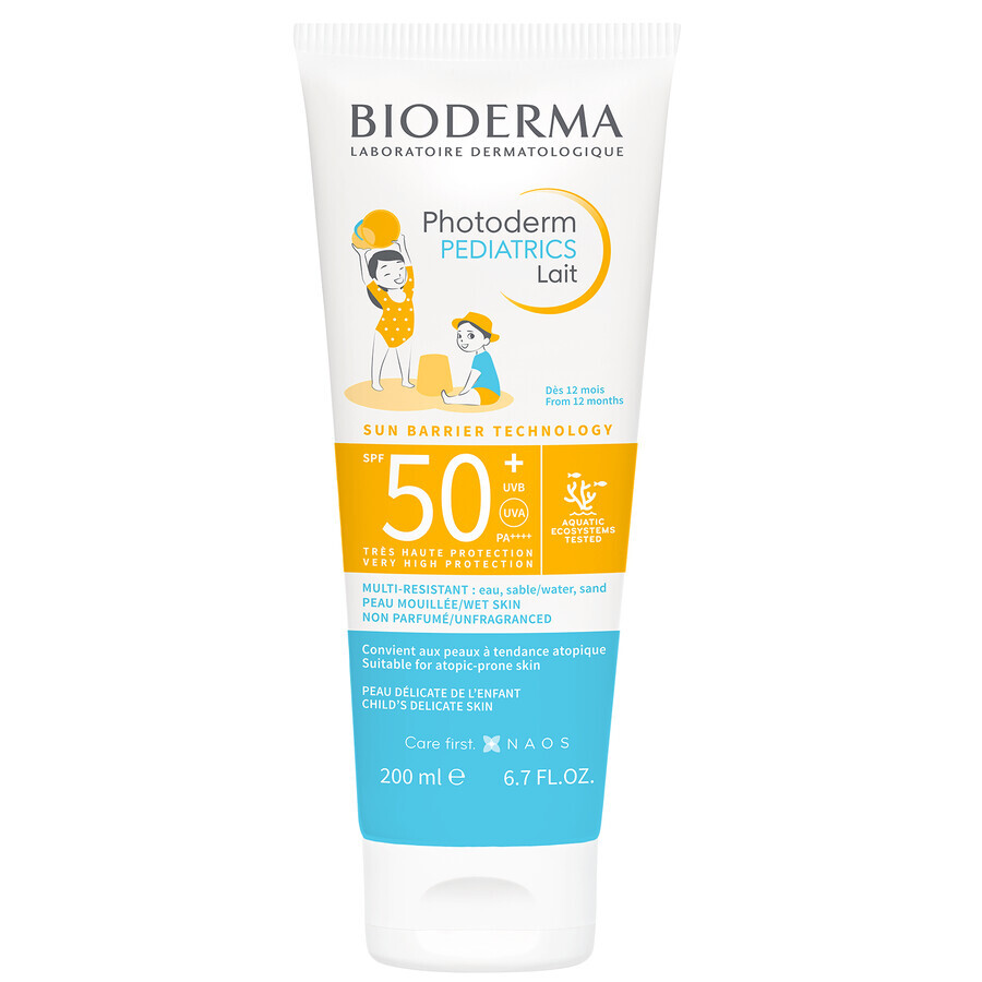 Bioderma Photoderm Pediatrics, lapte protector pentru copii, SPF 50+, de la 1 an, 200 ml.