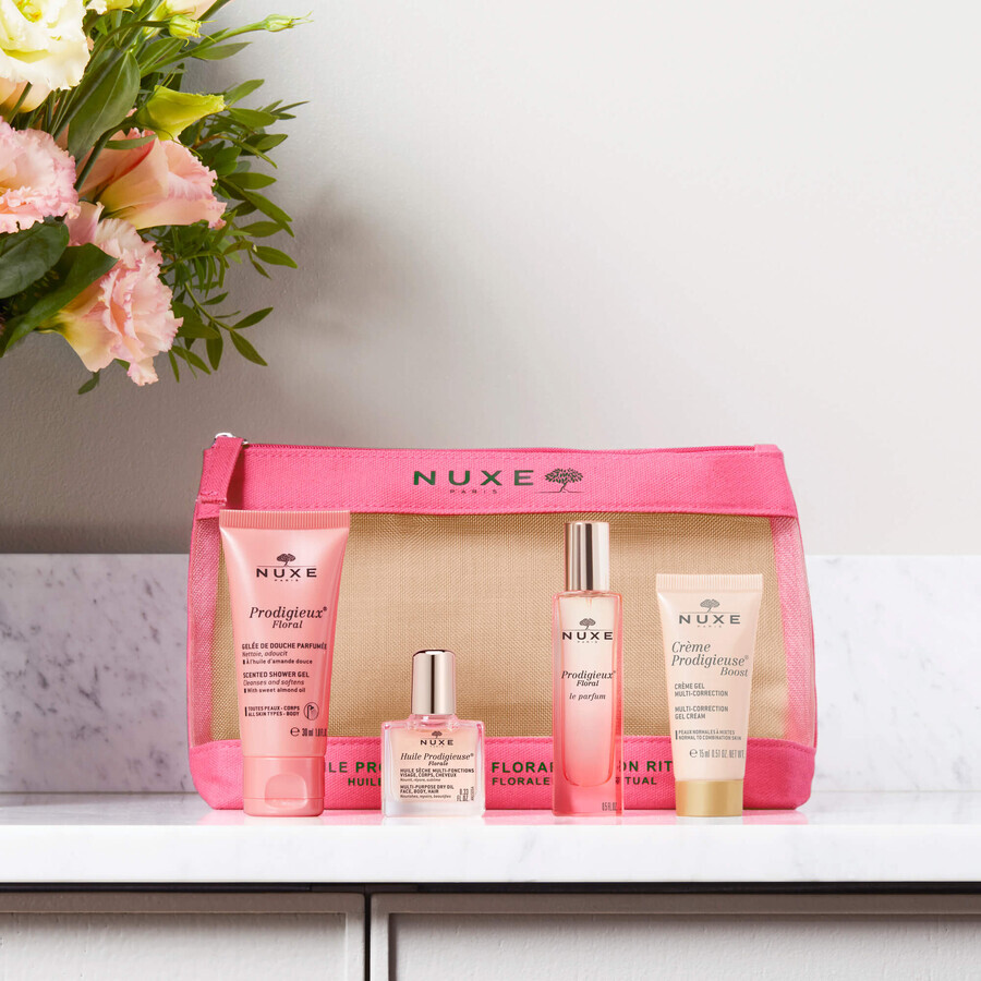 Nuxe Prodigieuse Florale Kit Cosmetic 2023, shower gel, 30 ml + dry oil, 10 ml + perfume, 15 ml + cream gel, 15 ml