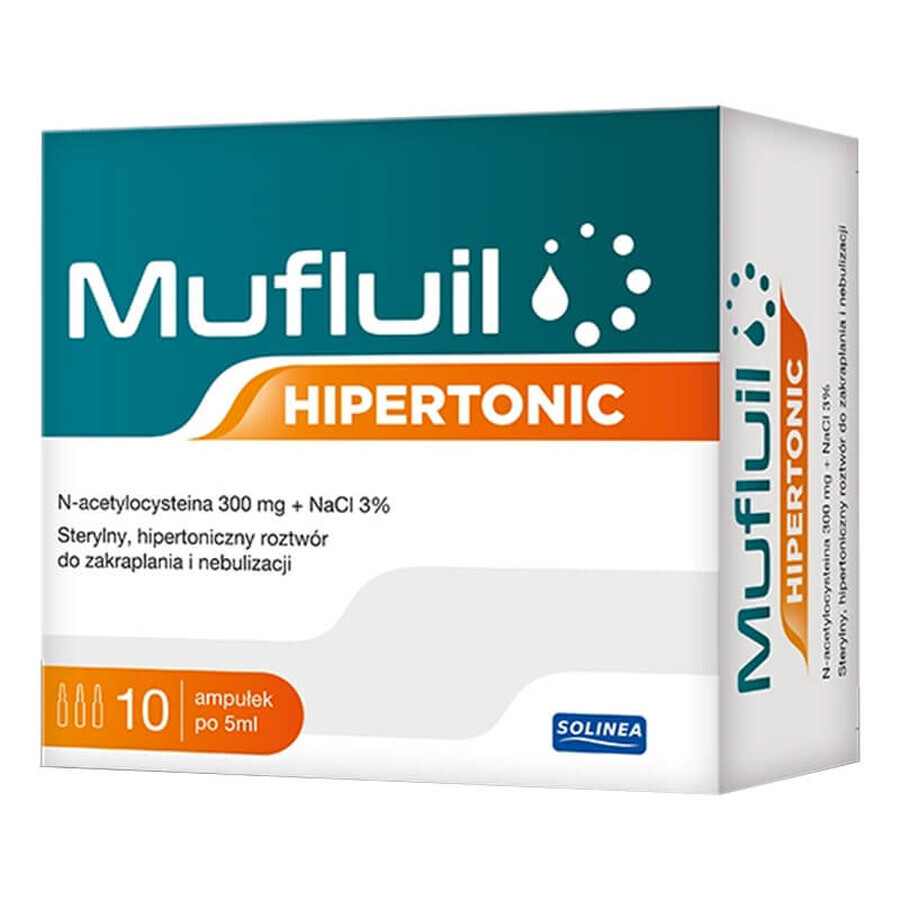 Mufluil Hipertonic, hypertone oplossing voor druppelen en vernevelen, 5 ml x 10 ampullen