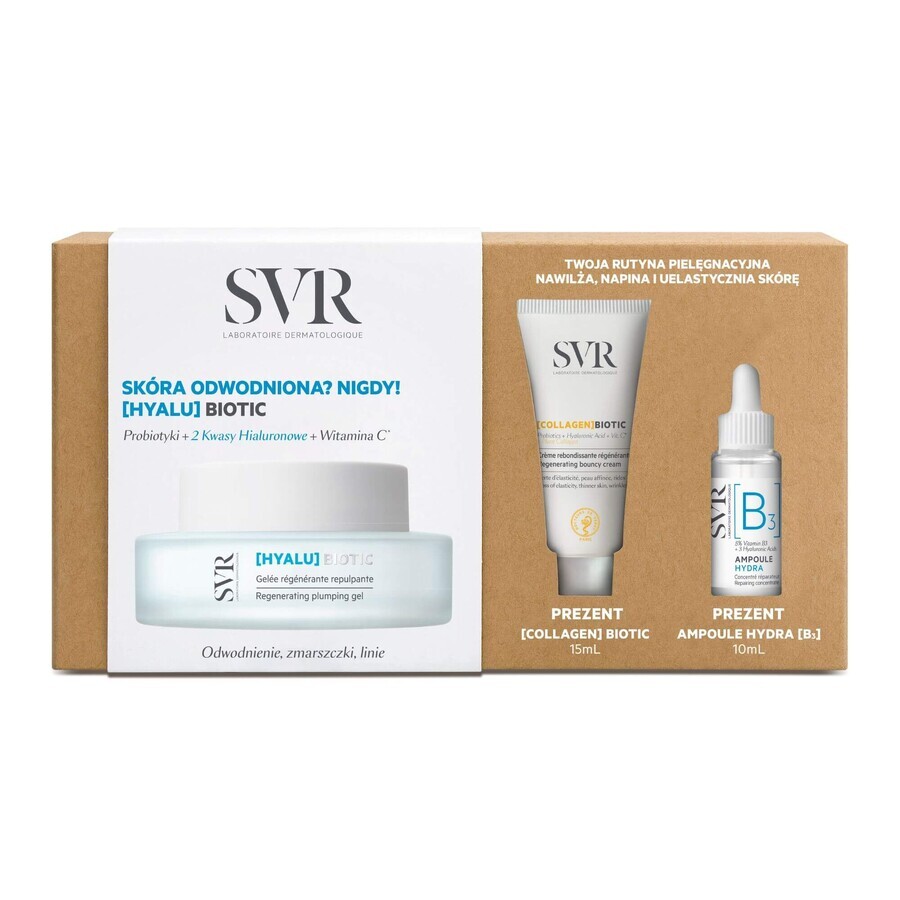 SVR Kit Hyalu Biotic, regenererende verstevigende gel, 50 ml + Ampul Hydra, hydraterend serum, 10 ml + Biotic Collagen, regenererende crème, 15 ml cadeau