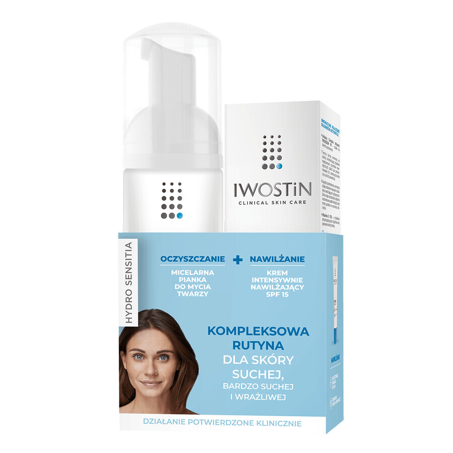 Set Iwostin Hydro Sensitia, espuma micelar, 165 ml + crema hidratante, SPF 15, 50 ml