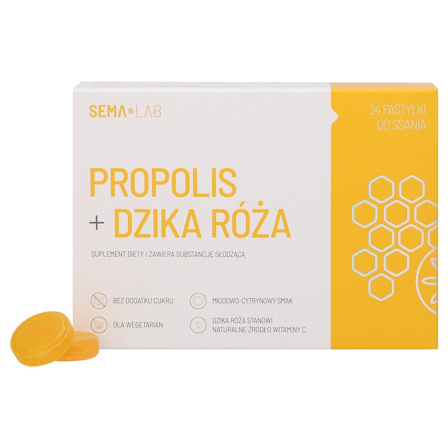 SEMA Lab Propolis + trandafir sălbatic, aromă de miere și lămâie, 24 pastiluțe