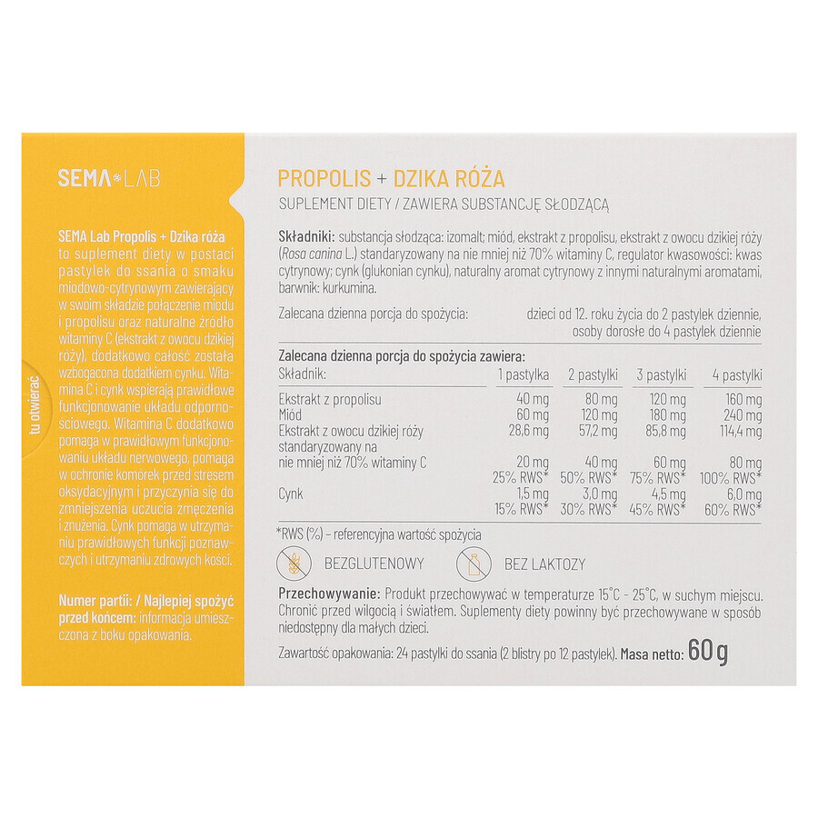 SEMA Lab Propolis + trandafir sălbatic, aromă de miere și lămâie, 24 pastiluțe