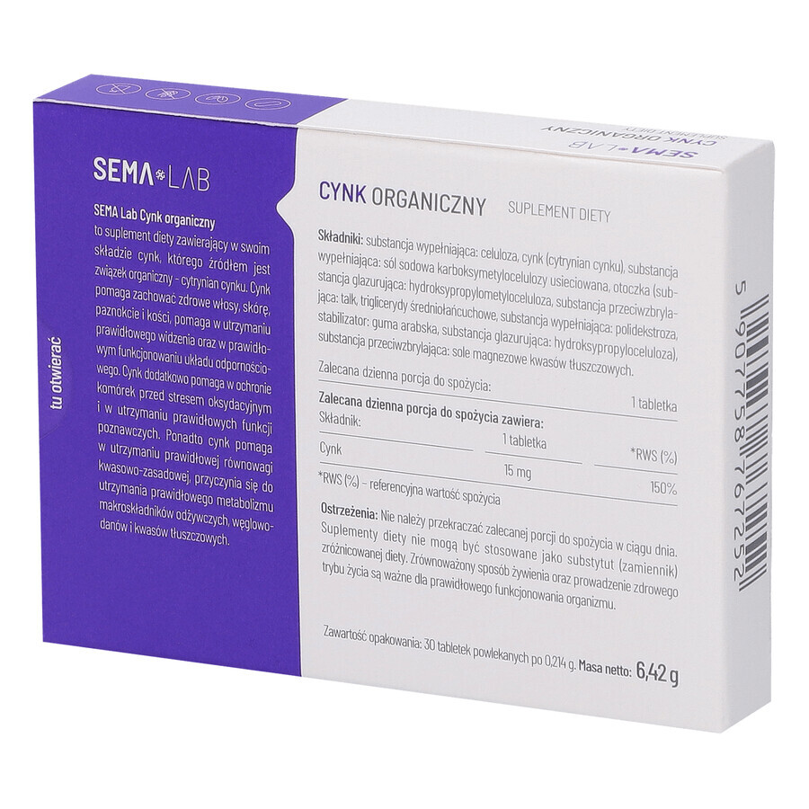 SEMA Lab Organic Zinc, 30 film-coated tablets