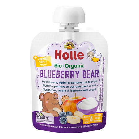 Holle, Mousse di frutta in tubetto, Mirtillo Orso, mirtillo, mela, banana con yogurt, da 8 mesi, 85 g