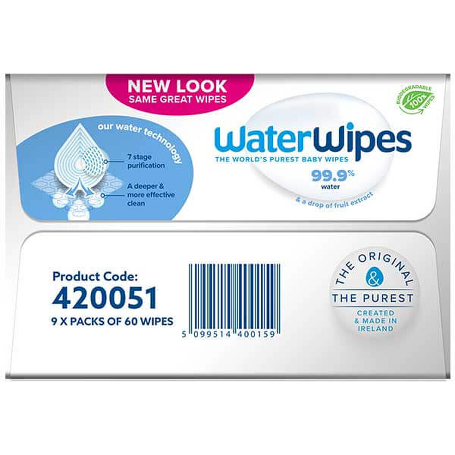 WaterWipes Bio, vochtige doekjes, water, vanaf de geboorte, 9 x 60 stuks