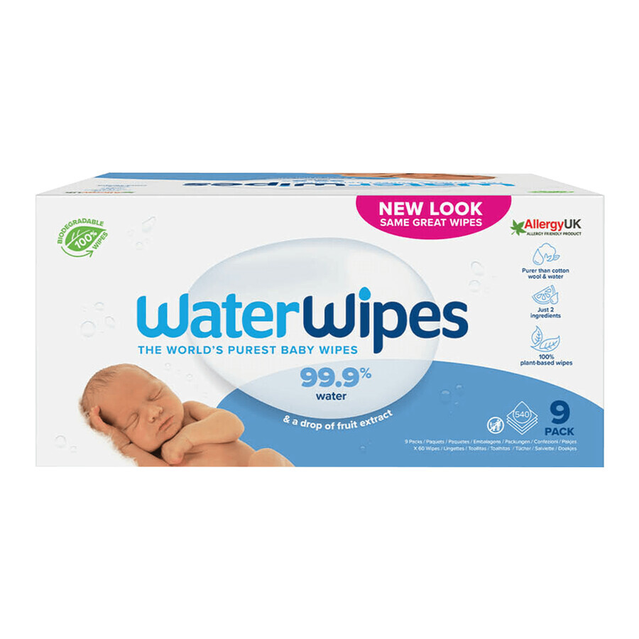 WaterWipes Bio, vochtige doekjes, water, vanaf de geboorte, 9 x 60 stuks