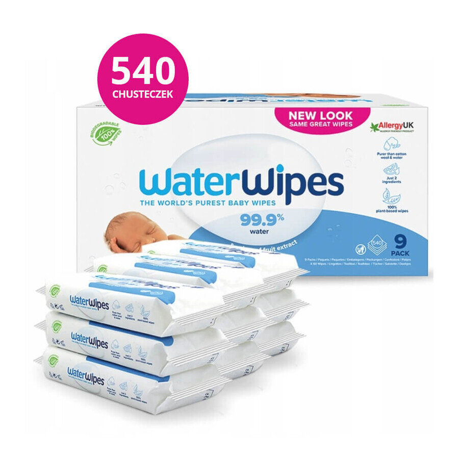 WaterWipes Bio, vochtige doekjes, water, vanaf de geboorte, 9 x 60 stuks