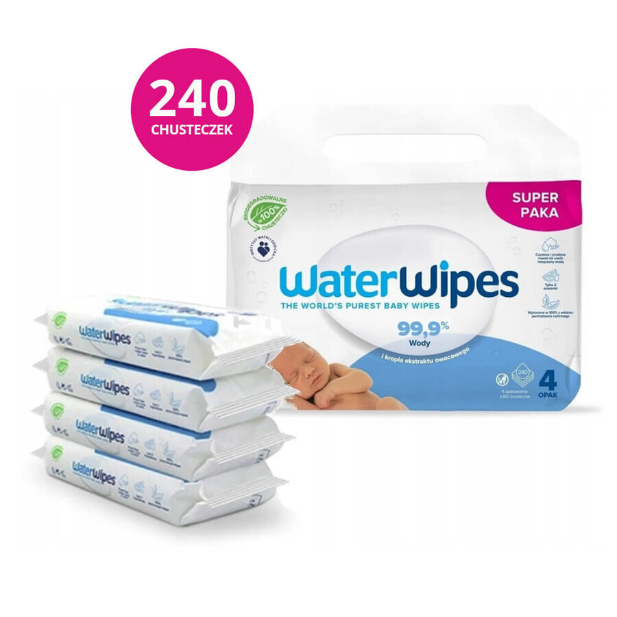 WaterWipes Bio, vochtige doekjes, water, vanaf de geboorte, 4 x 60 st.