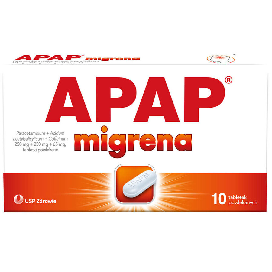 Apap Migraine 250 mg + 250 mg + 65 mg, 10 comprimés pelliculés