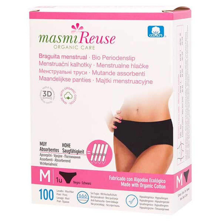 Masmi Reuse, braguita menstrual, algodón orgánico, negro, talla M, 94-102 cm, 1 pieza