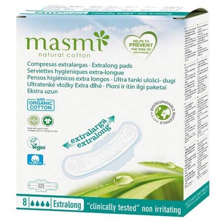 Masmi Natural Cotton, șervețele sanitare din bumbac organic, cu branhii, extra-lungi și ultra-subțiri, Extralong, 8 bucăți